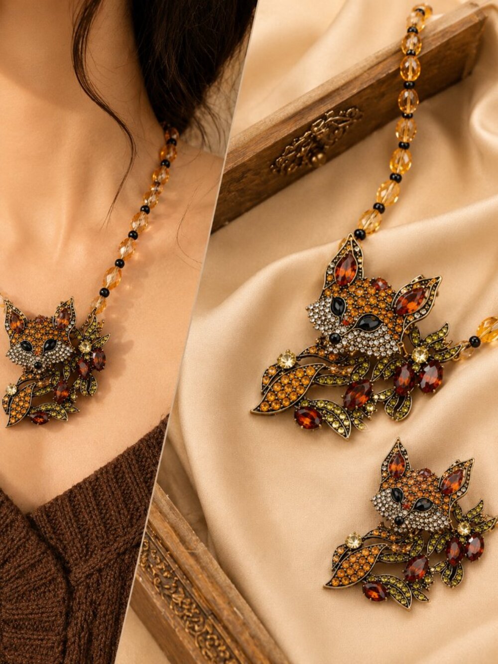 💎Fox Necklace & Brooch Set Vintage Inspired Amber Rhinestone Statement Jewelry